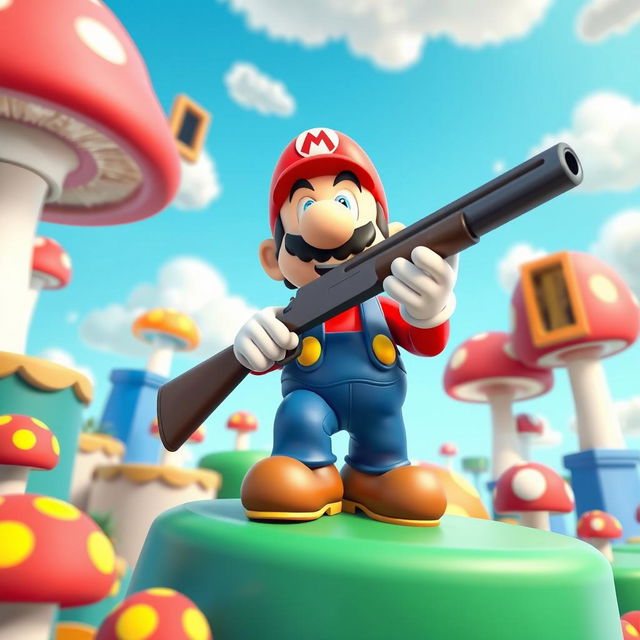 A humorous and exaggerated scene depicting a character resembling Mario from the classic video game "Super Mario 64"