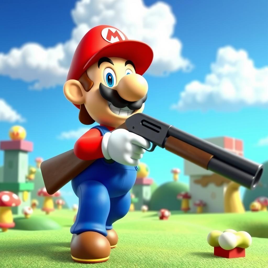 A humorous and exaggerated scene depicting a character resembling Mario from the classic video game "Super Mario 64"