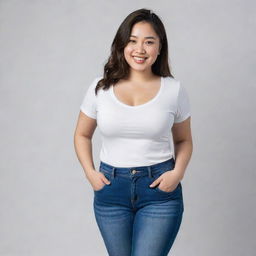 A North Asian girl with a curvy body and white skin, wearing casual attire, standing in a confident pose with a friendly smile.