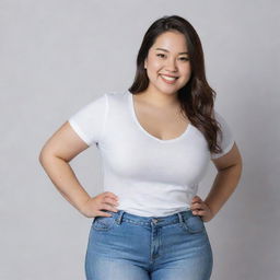 A North Asian girl with a curvy body and white skin, wearing casual attire, standing in a confident pose with a friendly smile.