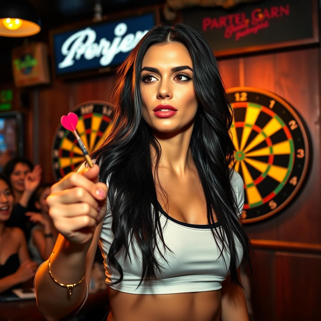 A skilled woman playing darts in a lively pub setting