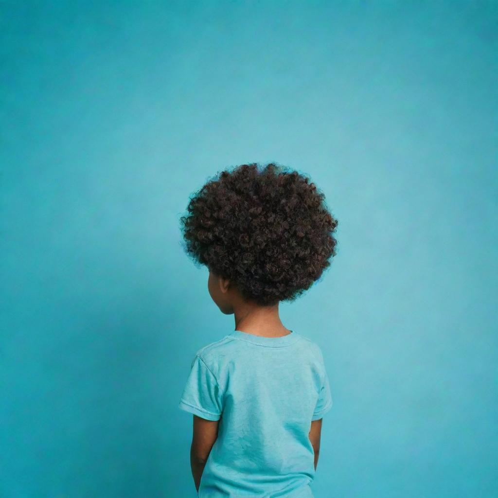 A small, black boy from behind, sporting an afro hairstyle composed of leaves, situated against a teal background. Full body view.