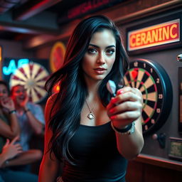 A skilled woman playing darts in a lively pub setting