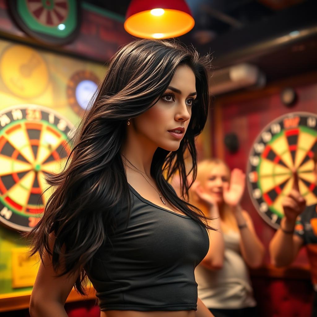 A skilled woman playing darts in a lively pub setting