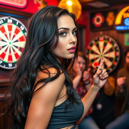 A skilled woman playing darts in a lively pub setting