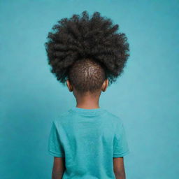 A small, black boy from behind, sporting an afro hairstyle composed of leaves, situated against a teal background. Full body view.