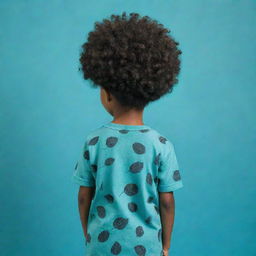 A small, black boy from behind, sporting an afro hairstyle composed of leaves, situated against a teal background. Full body view.