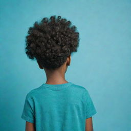 A small, black boy from behind, sporting an afro hairstyle composed of leaves, situated against a teal background. Full body view.