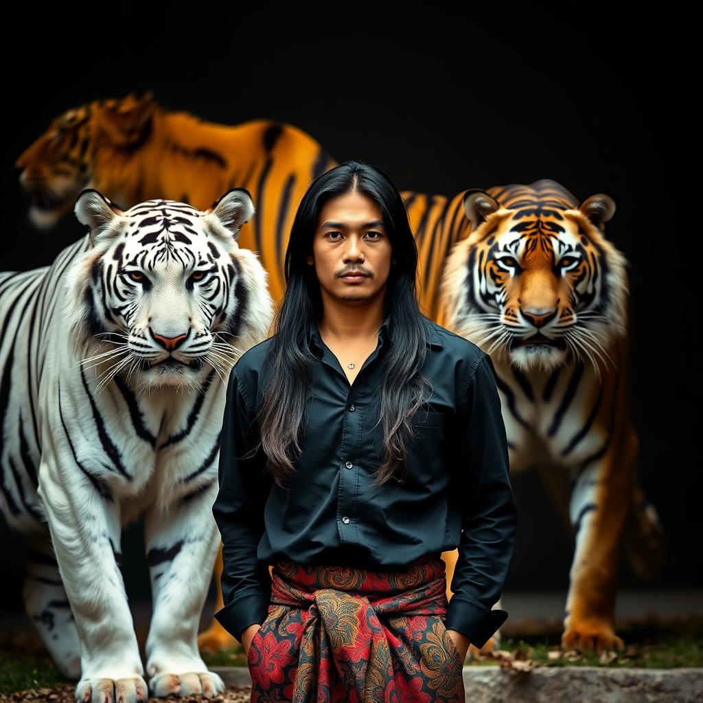 A handsome Indonesian man with a sharp nose and long black hair down to his shoulders, wearing a black long-sleeve shirt and a traditional Javanese batik sarong, standing proudly in the center