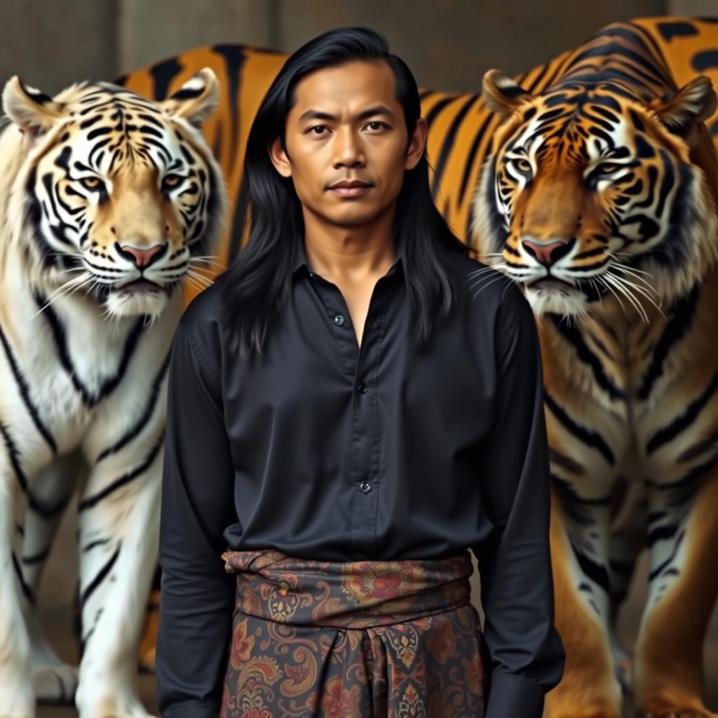 A handsome Indonesian man with a sharp nose and long black hair down to his shoulders, wearing a black long-sleeve shirt and a traditional Javanese batik sarong, standing proudly in the center