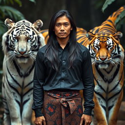 A handsome Indonesian man with a sharp nose and long black hair down to his shoulders, wearing a black long-sleeve shirt and a traditional Javanese batik sarong, standing proudly in the center