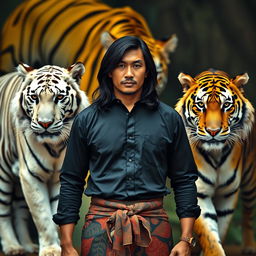 A handsome Indonesian man with a sharp nose and long black hair down to his shoulders, wearing a black long-sleeve shirt and a traditional Javanese batik sarong, standing proudly in the center