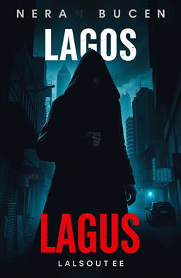 An abstract crime novel cover featuring a dark and brooding cityscape of Lagos, Nigeria