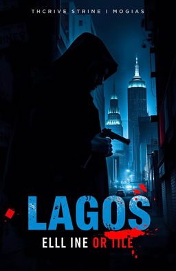 An abstract crime novel cover featuring a dark and brooding cityscape of Lagos, Nigeria