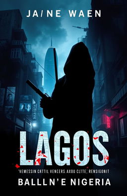 An abstract crime novel cover featuring a dark and brooding cityscape of Lagos, Nigeria