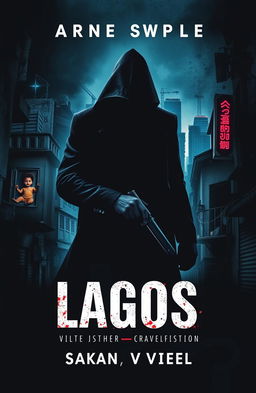 An abstract crime novel cover featuring a dark and brooding cityscape of Lagos, Nigeria