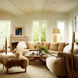 A cozy home design featuring warm tones, plush furniture, and a welcoming atmosphere.