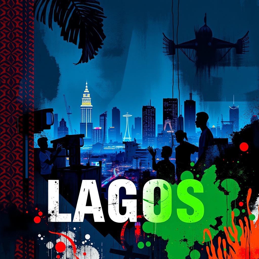 An abstract crime novel cover set in Lagos, Nigeria, capturing the essence of the bustling city and its vibrant yet gritty atmosphere