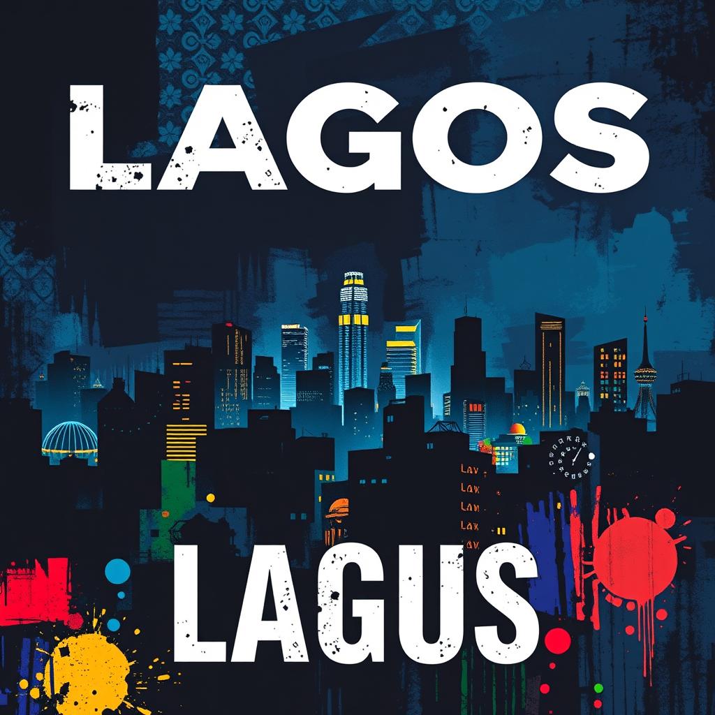 An abstract crime novel cover set in Lagos, Nigeria, capturing the essence of the bustling city and its vibrant yet gritty atmosphere