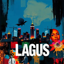 An abstract crime novel cover set in Lagos, Nigeria, capturing the essence of the bustling city and its vibrant yet gritty atmosphere