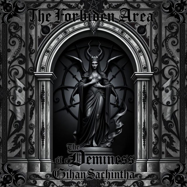 A dark, gothic book cover design featuring a commanding statue of a demoness, inspired by ancient Victorian sculptures