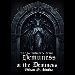 A dark, gothic book cover design featuring a commanding statue of a demoness, inspired by ancient Victorian sculptures