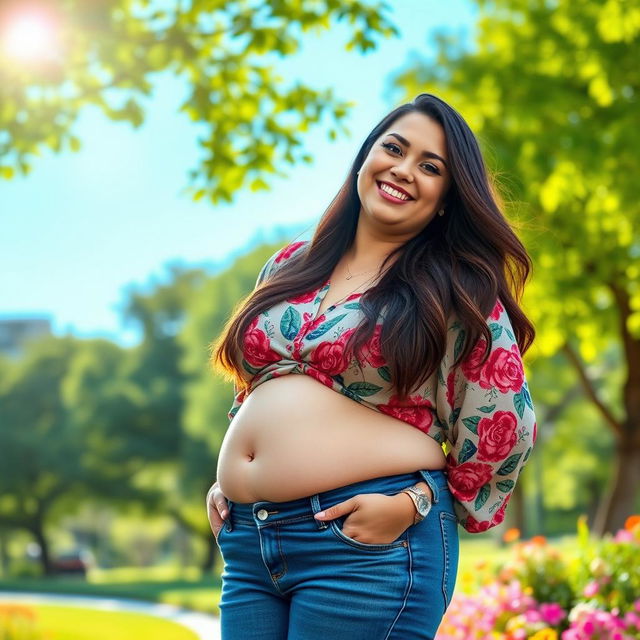 A portrait of a confident, chubby woman smiling warmly, showcasing her round tummy in a flattering outfit