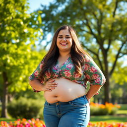 A portrait of a confident, chubby woman smiling warmly, showcasing her round tummy in a flattering outfit