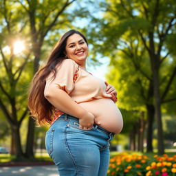 A portrait of a confident, chubby woman smiling warmly, showcasing her round tummy in a flattering outfit