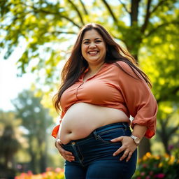 A portrait of a confident, chubby woman smiling warmly, showcasing her round tummy in a flattering outfit