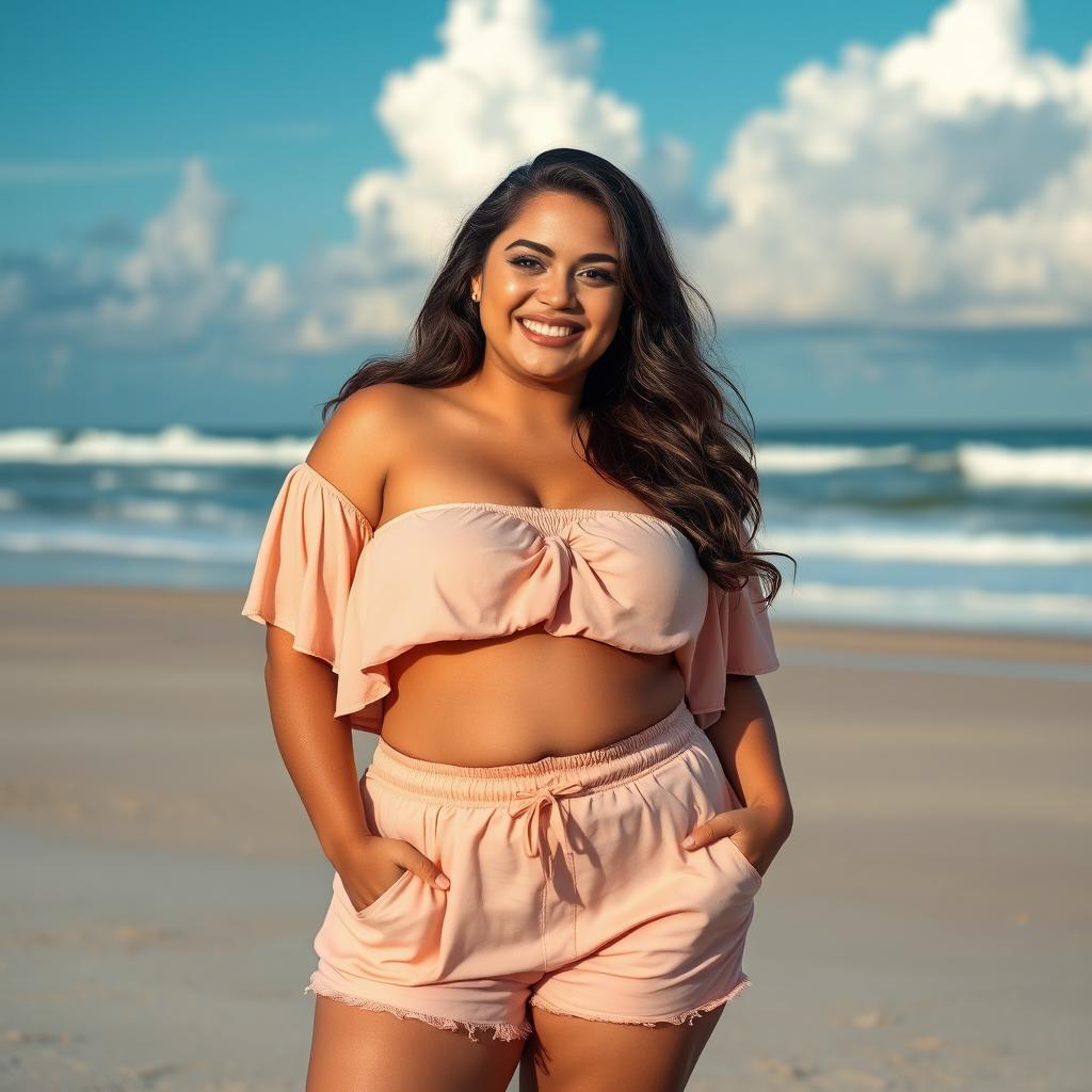 A portrait of a confident chubby woman with a noticeable muffin top and small breasts, standing proudly in a playful, colorful outfit that emphasizes her body positivity