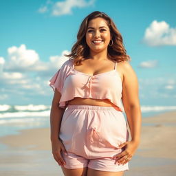 A portrait of a confident chubby woman with a noticeable muffin top and small breasts, standing proudly in a playful, colorful outfit that emphasizes her body positivity