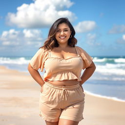 A portrait of a confident chubby woman with a noticeable muffin top and small breasts, standing proudly in a playful, colorful outfit that emphasizes her body positivity