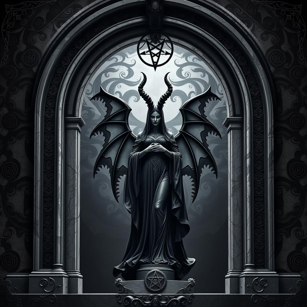 A book cover design featuring a dark, gothic theme, centered around a commanding statue of a demoness resembling ancient Victorian sculptures