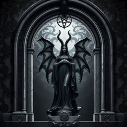 A book cover design featuring a dark, gothic theme, centered around a commanding statue of a demoness resembling ancient Victorian sculptures