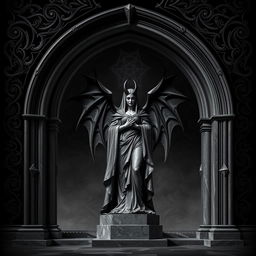 A book cover design featuring a dark, gothic theme, centered around a commanding statue of a demoness resembling ancient Victorian sculptures