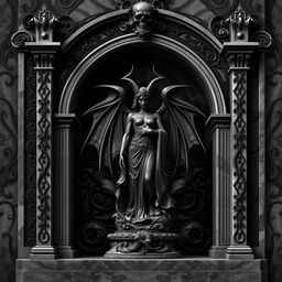 A book cover design featuring a dark, gothic theme, centered around a commanding statue of a demoness resembling ancient Victorian sculptures