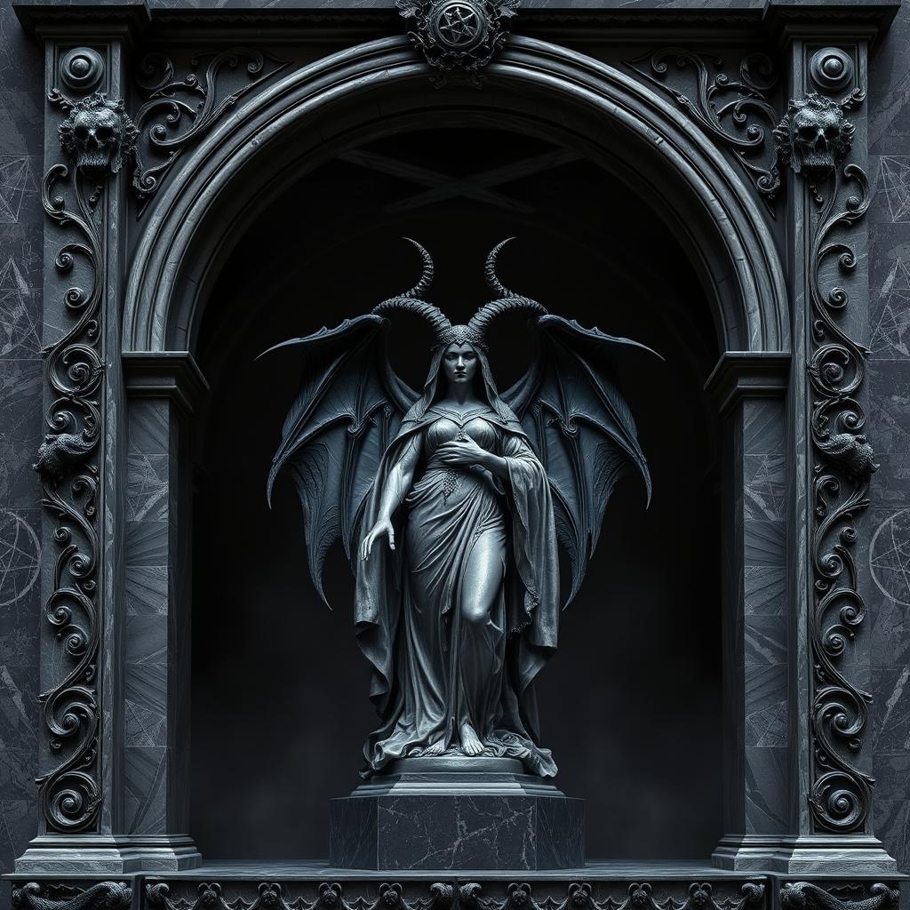 A book cover design featuring a dark, gothic theme, centered around a commanding statue of a demoness resembling ancient Victorian sculptures