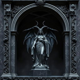 A book cover design featuring a dark, gothic theme, centered around a commanding statue of a demoness resembling ancient Victorian sculptures