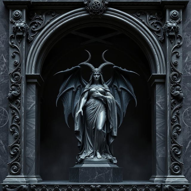 A book cover design featuring a dark, gothic theme, centered around a commanding statue of a demoness resembling ancient Victorian sculptures