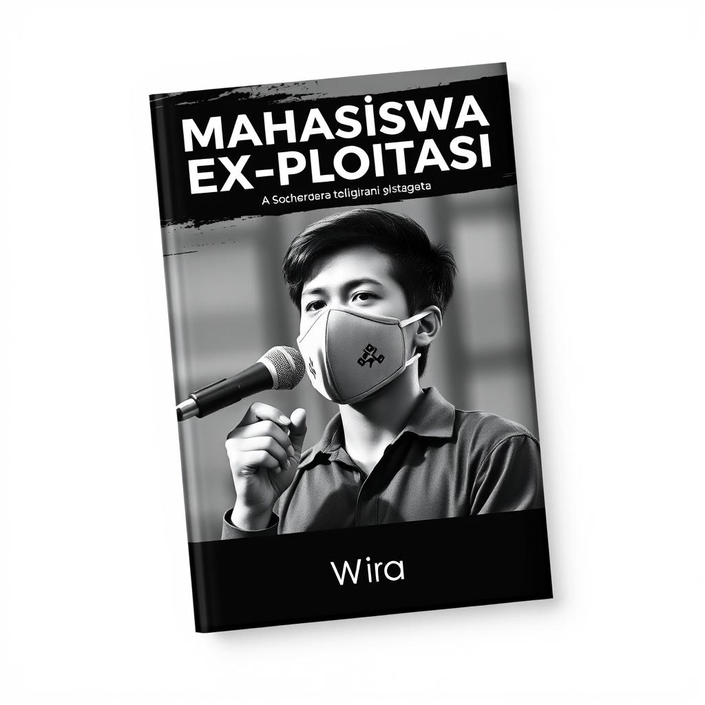 A visually striking book cover for 'Mahasiswa Ex-Ploitasi' by Wira, featuring a bold black and white background that enhances the dramatic theme