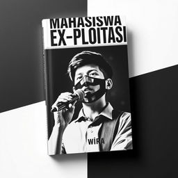 A visually striking book cover for 'Mahasiswa Ex-Ploitasi' by Wira, featuring a bold black and white background that enhances the dramatic theme