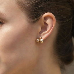 A close-up image of a stylishly pierced human ear adorned with a variety of contrasting metal earrings, reflecting in the golden light.