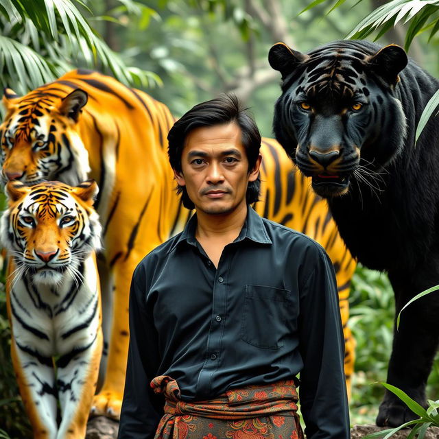 A handsome man from Indonesia with a prominent nose and shoulder-length black hair, wearing a long black shirt and a traditional Javanese batik sarong