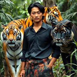 A handsome man from Indonesia with a prominent nose and shoulder-length black hair, wearing a long black shirt and a traditional Javanese batik sarong