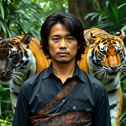 A handsome man from Indonesia with a prominent nose and shoulder-length black hair, wearing a long black shirt and a traditional Javanese batik sarong