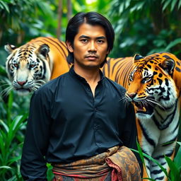 A handsome man from Indonesia with a prominent nose and shoulder-length black hair, wearing a long black shirt and a traditional Javanese batik sarong