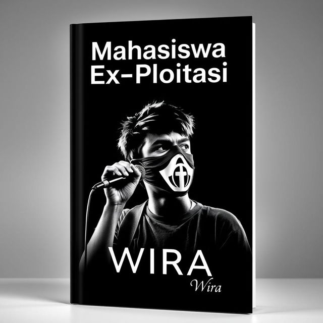 A captivating book cover for 'Mahasiswa Ex-Ploitasi' by Wira, set against a bold black and white background that enhances its dramatic theme