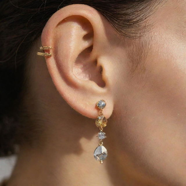 A close-up image of a stylishly pierced human ear adorned with a variety of contrasting metal earrings, reflecting in the golden light.