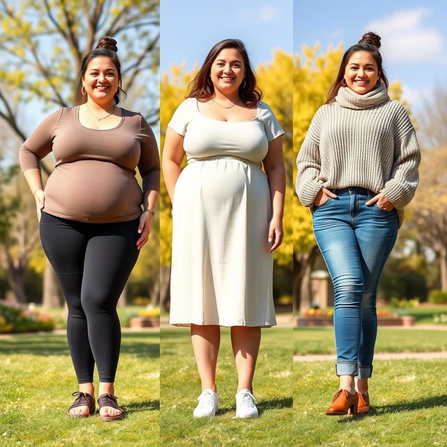 A visual representation of a chubby woman confidently embracing her body, showcasing a noticeable muffin top and small, flat-chested figure